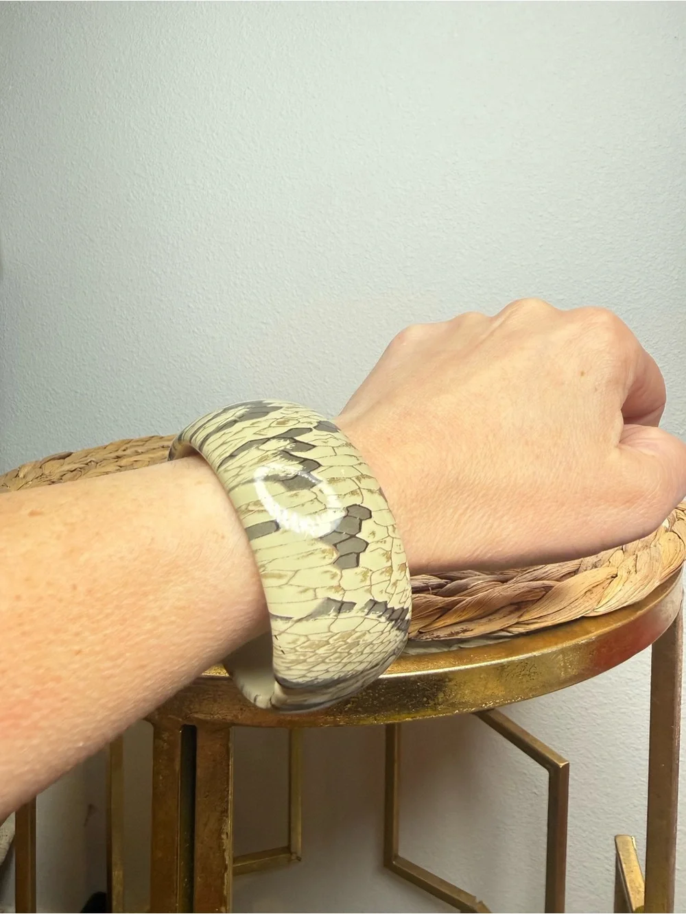 Vintage Kenneth Jay Lane Bangle Snake Python Print Cream Gray Patterned Bracelet